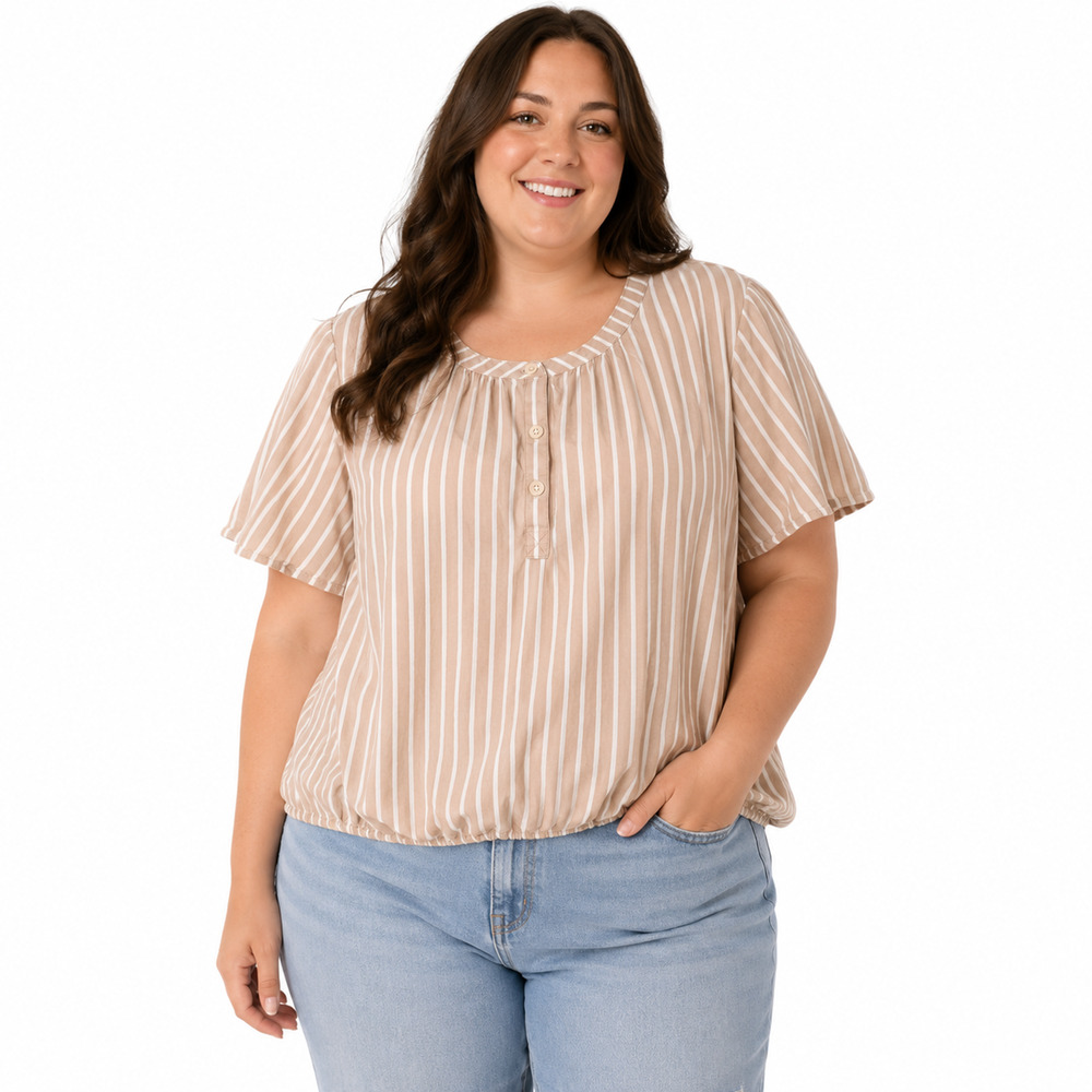 Pact 100% Organic Cotton Beige White Striped Short Sleeve Boho Shirt Top XXL